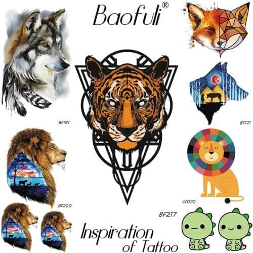 Baofuli Tiger Geometric Fox Wolf Tattoos Waterproof Forest Tattoo Sticker Cartoon Dinosaur Galaxy Watercolor Fake Tatoos Women