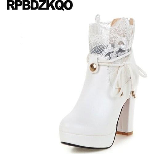 Ankle Bridal Big Size Platform Chunky Shoes Plus Booties Cheap Lace Up White Wedding Boots High Heel 2017 Short Round Toe Women