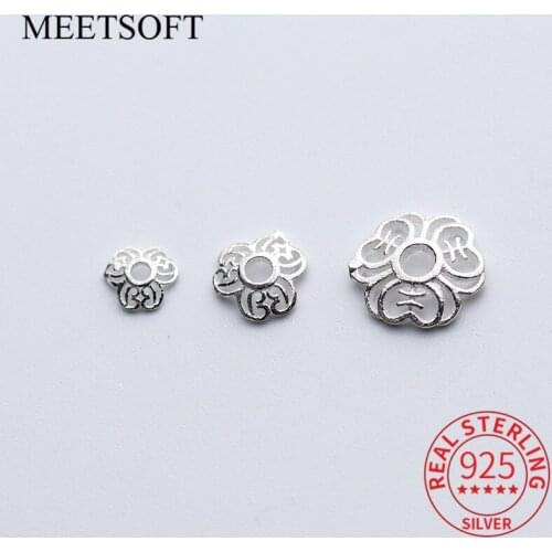MEETSOFT Trendy 5pcs/lot 925 Sterling Silver Hollow flower bead caps Charms of DIY Handmade Fine Jewelry wholesale Accessory
