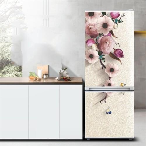 Flower Refrigerator Sticker PVC Peel and Stick Wallpaper Home Decor Mushroom House Door Mural Waterproof Kitchen Fridge Design