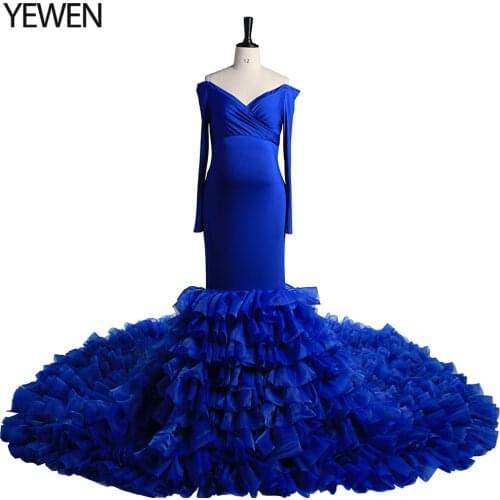 Royal Blue Full Sleeves Strech Fabric Mermaid Maternity Outfits for Photoshoot Pregnancy Gowns Dresses Yewen 2021