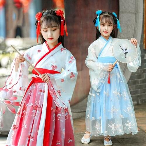 New Style Children Elegant Hanfu Suit Chinese Traditional Ancient Han/Tang/Song Dynasty Princess Clothes Red/Blue Hanfu VO1162