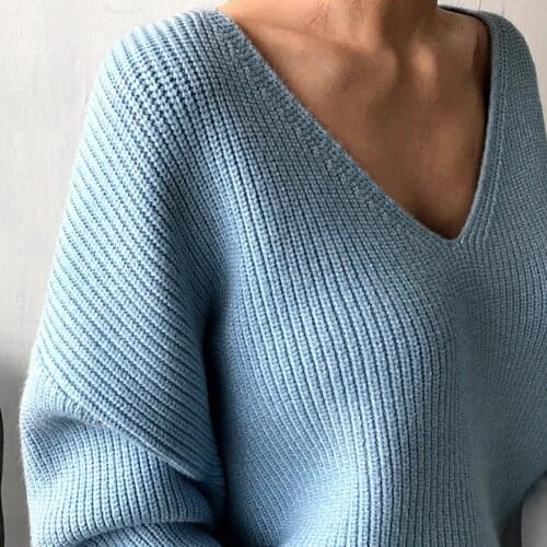 Ele-choices Women Long Batwing Sleeve V Neck Irregular Hem Loose Ribbed Knitted Sweater For Autumn Winter