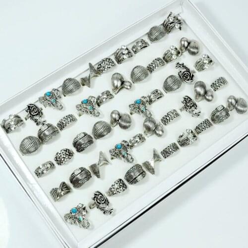 50Pcs Fashion Women Vintage Jewelry Mixed Style Elephant Ancient Silver Womens Rings Lots Wholesale Dropping Shipping LR4104