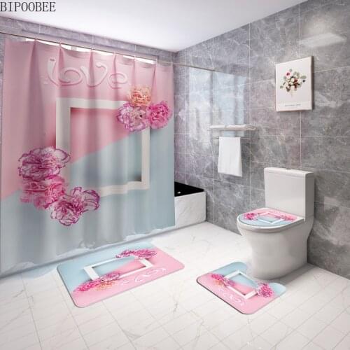 Pink Flowers Bathroom Curtains Polyester Fabric Modern Shower Curtain Love Valentines Day Toilet Lid Cover Rug Anti-slip Carpet