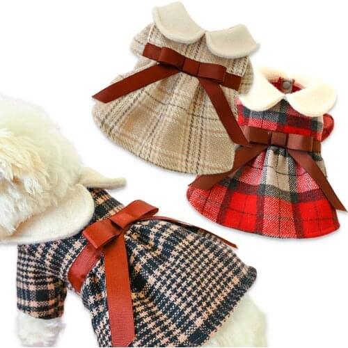 Girl Dog Bow Tie Plaid Woolen Skirt Classice British Style Warm Cat Skirt Puppy Plaid Dress Winter Pet Dress For Small Pets