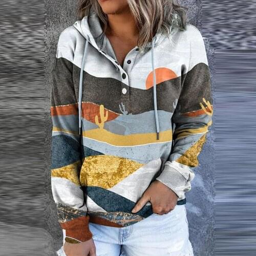 2021 New Fashion Vintage Printed Hooded Sweatshirt Women Casual Drawstring Button Top Pullover Autumn Winter Lady Loose Hoodies