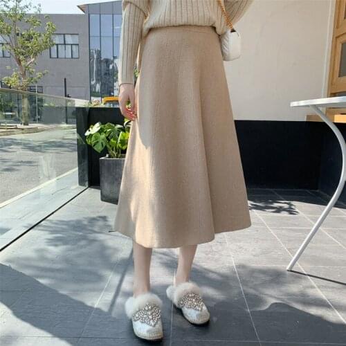 Knitted Midi Skirts Female Autumn & Winter New Style Sweet Mid-length High Waist A-line Woolen Skirt for Young Women BSQ490