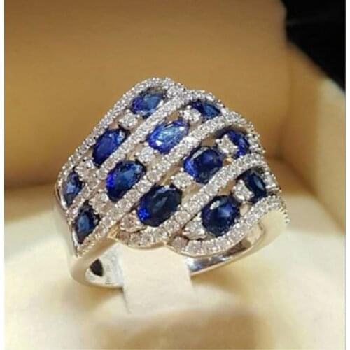 Brilliant Blue & Red Stone Wedding Party Rings for Women Exaggerate SilverPlated Zircon Fashion Promise Engagement Ring Jewelry
