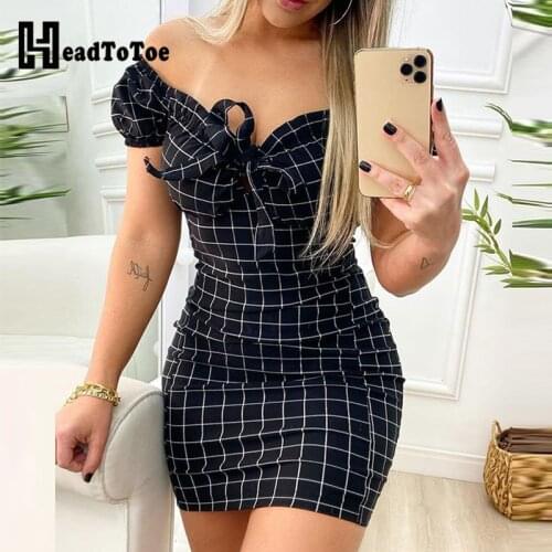 Plaid Print Off Shoulder Bodycon Dress Women Sweet Skinny Mini Summer Dress