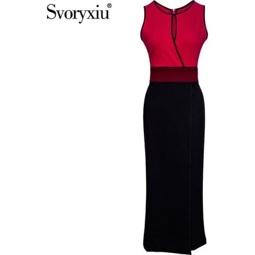 Svoryxiu 2021New Designer Fashion Summer Office Lady Dress Womens Sleeveless Black Red Color Matching Elegant Dresses XXL