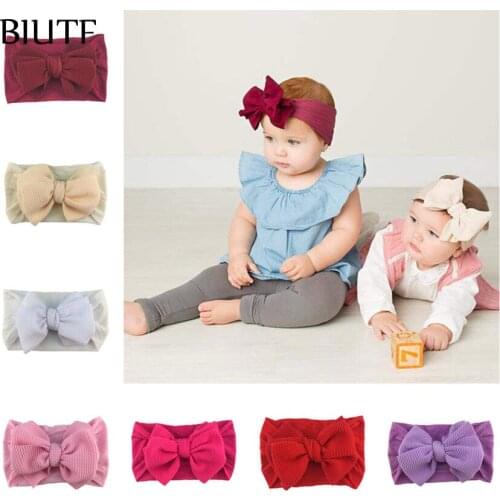 1pcs Hotsale Wide Elastic Nylon Headband with 4.5‘’ Seersucker Waffle Bow Knot Kids Ear Turban Chic Hair Accessories HB100