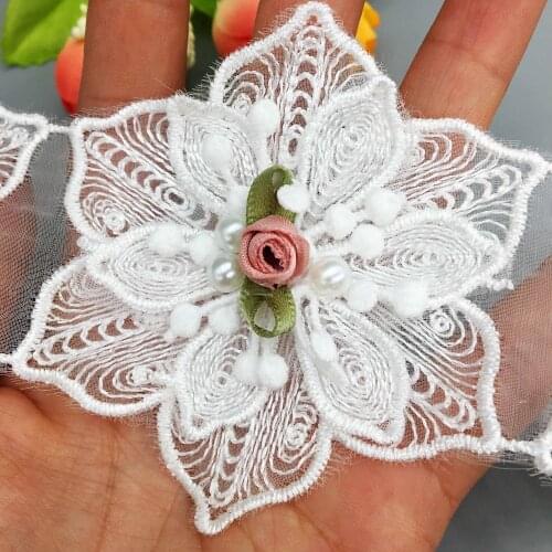 10X Fabric Flowers Rose Trim Pearl Embroidered Lace Trim Wedding Dress Sewing Decoration Ribbon Applique Handmade DIY Craft Lace