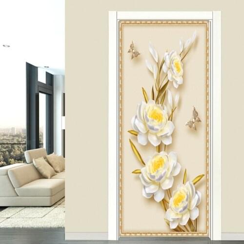 2 Pieces/Set Door Sticker 3D Stereo Flowers Wallpaper Living Room Study Room Home Decor Wall Decals PVC Self-Adhesive Wall Paste