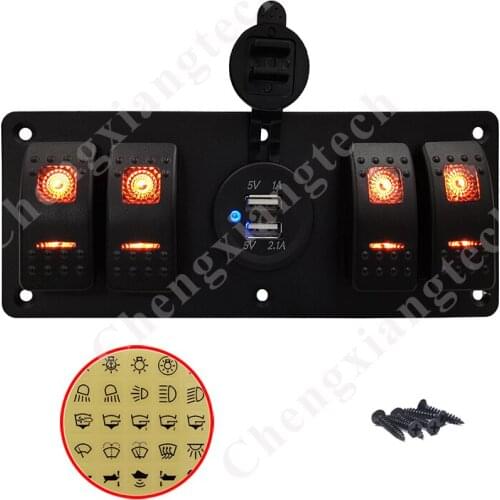 4 Gang Orange Led SPST On Off Rocker Switch Aluminum Panel with Dual USB Charger Socket Panel for Cars UTV Boats RVs Campers