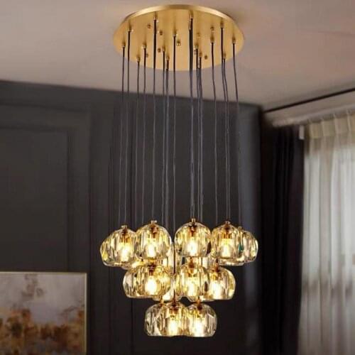 American Modern Simple Post Modern Hong Kong Style Luxury Fashion G9 Led Duplex Staircase Restaurant Crystal Ball Pendant Lamp