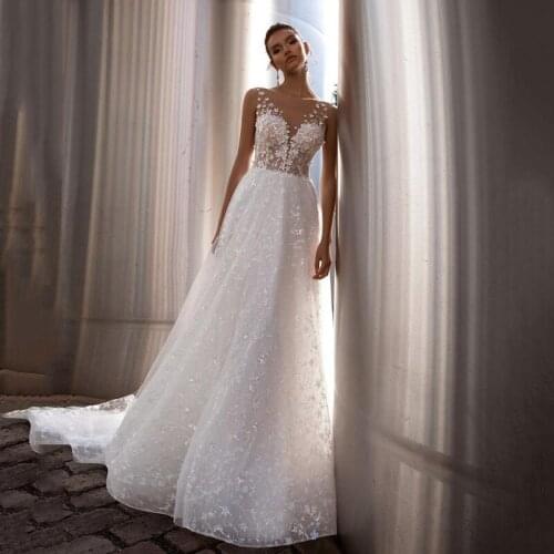 Shiny Wedding Dresses 2021 Sexy V Neck Lace 3D Flower Boho Bridal Dress Glitter Princess Wedding Gowns With Train