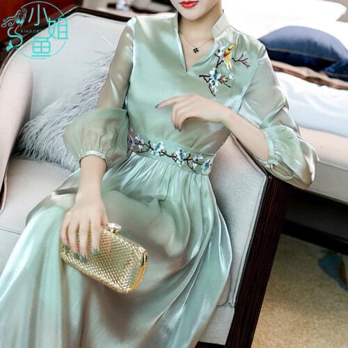 Green Long Chinese Dress Girl Retro Improved Embroidered Hanfu Qiapo Modern Women Summer Party Costumes Sexy Asian Dress