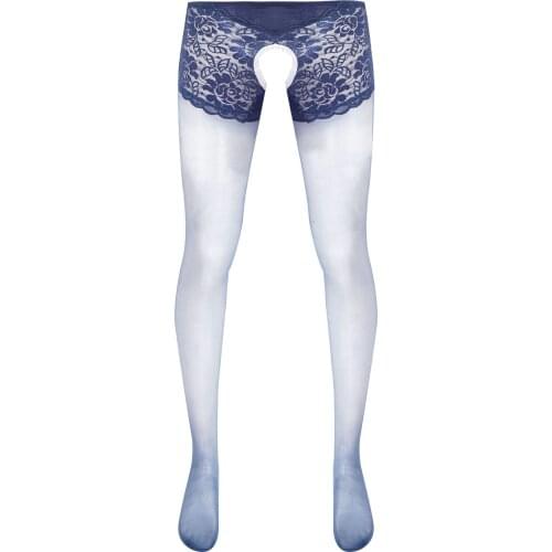 Men Glossy See-through Lace Patchwork Pantyhose Low Rise Leggings Crotchless Thin Tights Stockings Sissy Nightwear Underwear