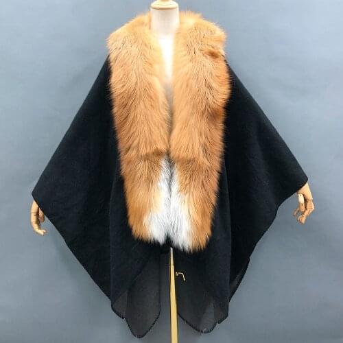 Women Loose Shawl Solid Poncho Cape With Fox Fur Collar For Spring Autumn