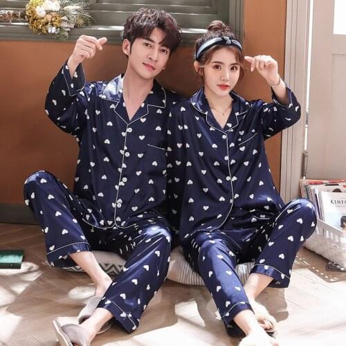 Couple Home Suit Pijamas Casual Satin Print Homewear Lovers Sleepwear Pajama Set Loose Pyjamas 2PCS