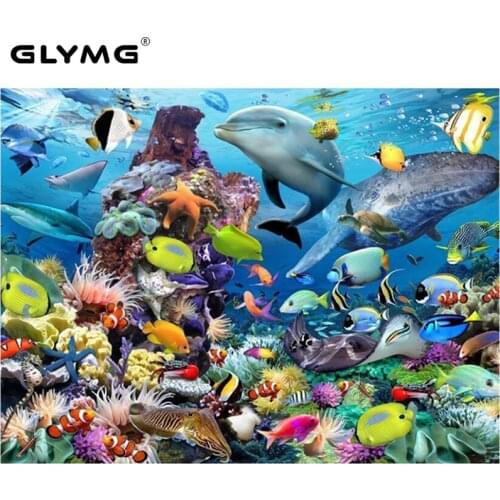 GLymg 5D Diy Sea World Dolphins Diamond Embroidery Tropical Fish Diamond Painting Cross Stitch European Home Decor Square Drill