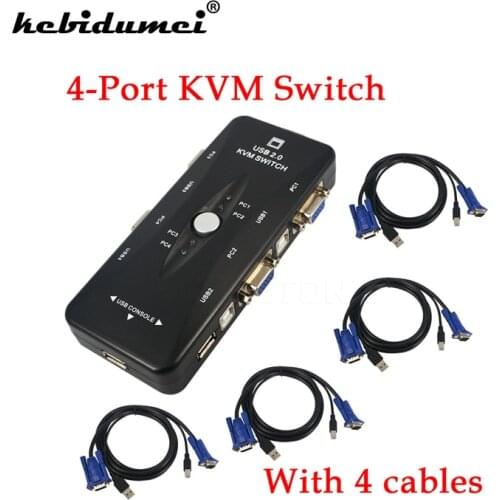 Kebidumei 4 Port USB 2.0 KVM VGA SVGA Switch Hub Box Selector Adapter with 4pcs KVM VGA Cable for PC Keyboard Mouse Monitor