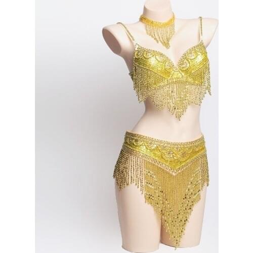 Womens belly dance clothes oriental belly dance cotsume beaded tassel top belt 2 pcs set belly dancing bra belt chain necklace
