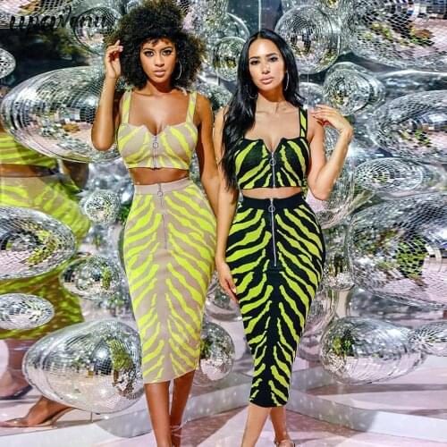 2019 animal zebra zipper sexy cropped top 2 two-piece high waist long bandage dress with suit fashion new