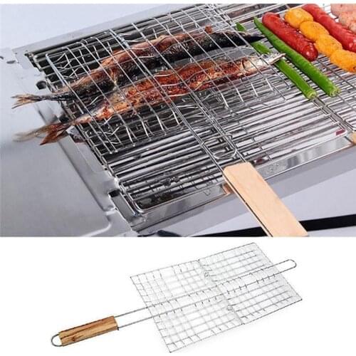 Grill Basket Stainless Steel Roasting Basket Grill Rack Wood Handle Iron Wire Grilling Basket Heat Resistant Grill Sheet Liner