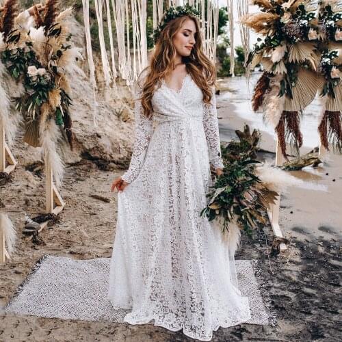 New Design V-Neck Lace Long Sleeves A-Line Tulle Beach Wedding Dress 2021 Vestido De Noiva Bridal Gowns