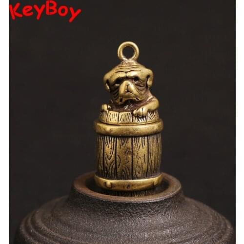 Brass Wooden Beer Barrel Cute Dog Pendant for Keychain Retro Animal Pug Bottle Funny Ornament Car Key Chain Ring Hanging Jewelry