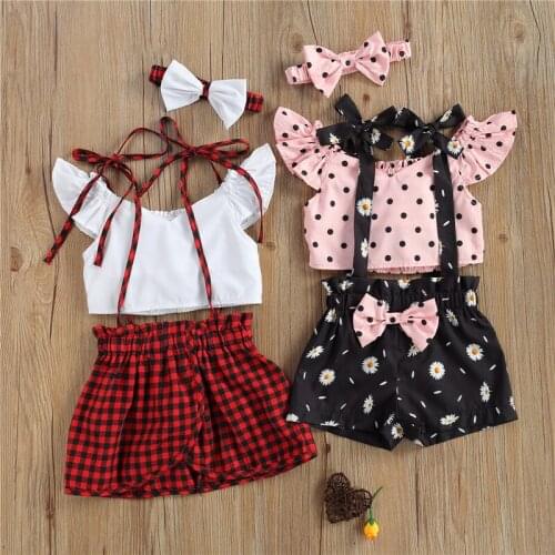 1-6Years Fashion Girls Summer Clothing Toddler Kids Girls Fly Sleeve T-shirts Tops+Flower Print Strap Shorts+Headband Outfits