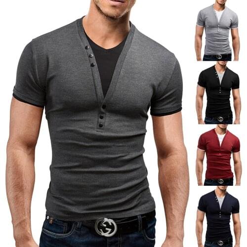 SWAGWHAT Summer New Men Short Sleeve T-shirt V-neck Casual Fake Two-piece T Shirt Fashion British Style Male Slim Fit Solid Tees