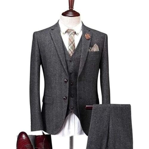 Mens Suits 3 Pieces Notch Herringbone Tuxedos Wool /Tweed Blazer Slim Fit Winter Grey Coat Wedding Groom (Blazer+Vest+Pants)