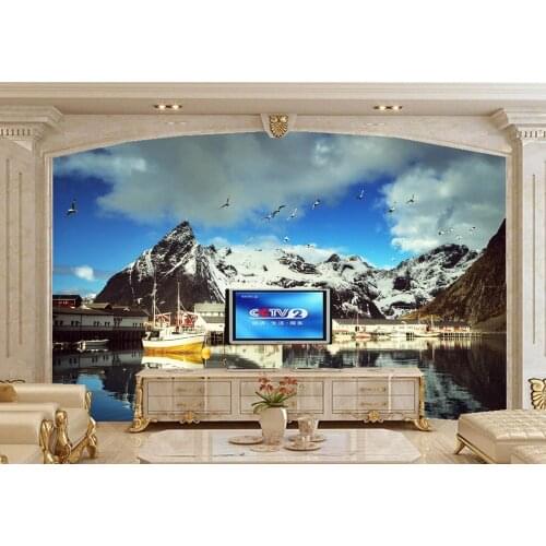 Norway Mountains Houses Motorboat Clouds Cities photo Building wallpaper,restaurant living room tv wall bedroom custom 3d mural