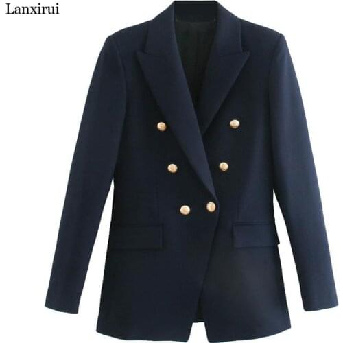 Office Lady Notched Blazers Women Fashion Double Breasted Jacket Women Elegant Blazer Loose Long Sleeve Suits Female Ladies Coat