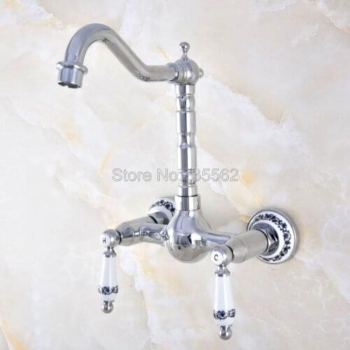 Polished Chrome Swivel Bathroom Kitchen Basin Sink Mixer Tap Faucet Dual Handles Wall Mounted Lnf569