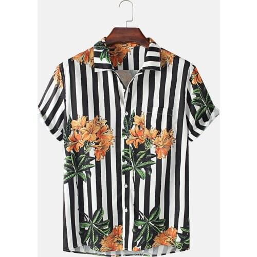 Striped Printed Shirt Men Streetwear Summer Short Sleeve Shirts For Men Casual Slim Beach Button Up Blouse Men Top Chemise Homme