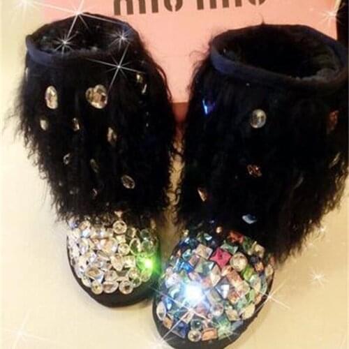 Luxury crystal gemstone shiny leather snow boots European station star with the same boots crystal shoes parent-child models