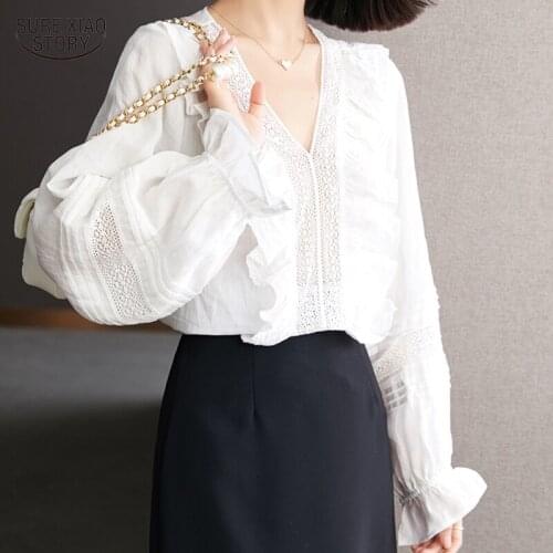 Casual V-neck Sweet Ramie Shirts Elegant Lantern Sleeve Loose Solid Chiffon Blouses Ruffled Hollow Fairy Long Sleeve Tops 16888
