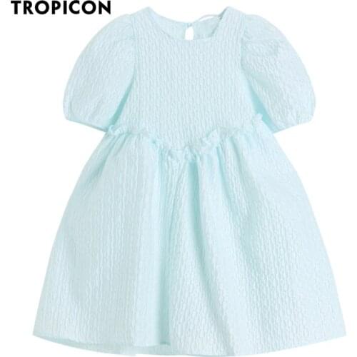 TROPICON Texture Light Blue Puff Sleeve Summer Dress 2021 Short Sleeve Ruched Loose Dress Women Korean Fashion Clothing