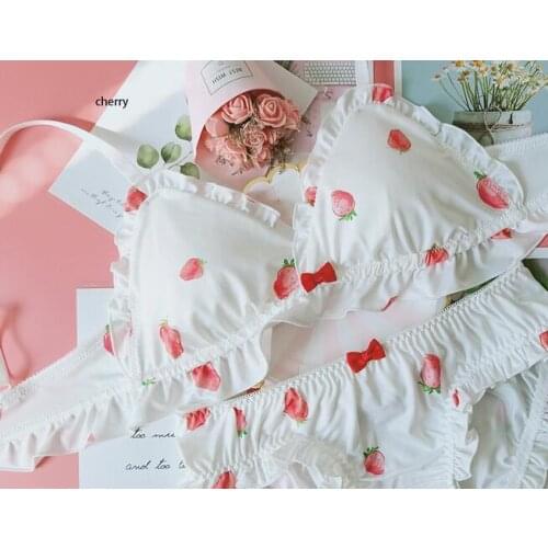 100% Real Photos Good Quality M L Lolita Sexy Cute Kawaii Strawberry Padded Ruffle Wireless Seamless Bra Panties Set RB317