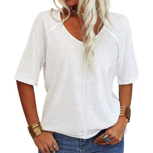 Short-Sleeved T-shirt Half Sleeve V-neck Women T-shirt Sweat Absorbing Solid Color Loose Summer T-shirt Pullover