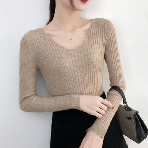 Women Casual Autumn Winter V Neck Long Sleeve Ribbed Slim Pullover Bottoming Sweater Fashion Slim Femme Elasticity Pullovers