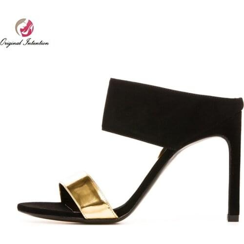 Original Intention Plus US Size 4-15 Women Sandals Concise Thin Heels Sandals High-quality Nubuck Leather Black Shoes Woman