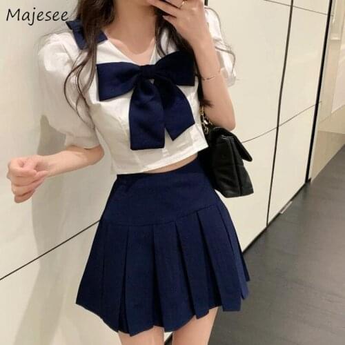 Women Sets Preppy V-neck Japanese Bowknot Cropped Simple All Match Mini Draped High Waist 2 Pieces Pure Summer Leisure Cozy Ins