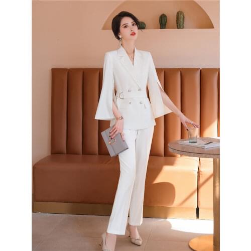 Womens Trouser Suit Summer 2021 Women 2 Piece Set Sashes Double-breasted Set Flare Sleeve Blazer Pants Chic Office Lady Suit