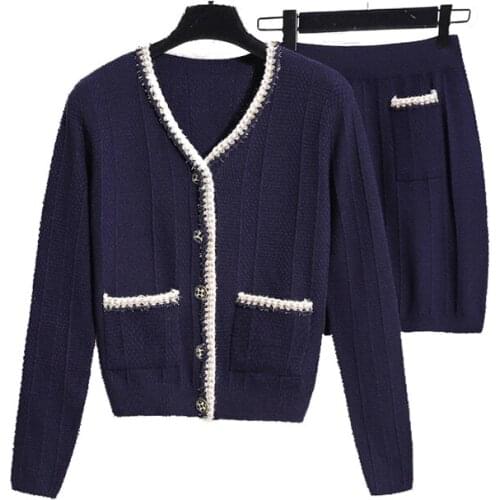 PERHAPS U Women Two Pieces Set Cardingan Mini Skirt V Neck Knitted Navy Beige White T0350