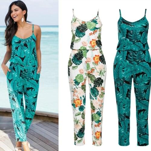 2021 Spaghetti Strap Beach Boho Leaves Floral Print Romper Women Summer Beach Jumpsuit Strappy V Neck Pocket Tunic Plauysuit New